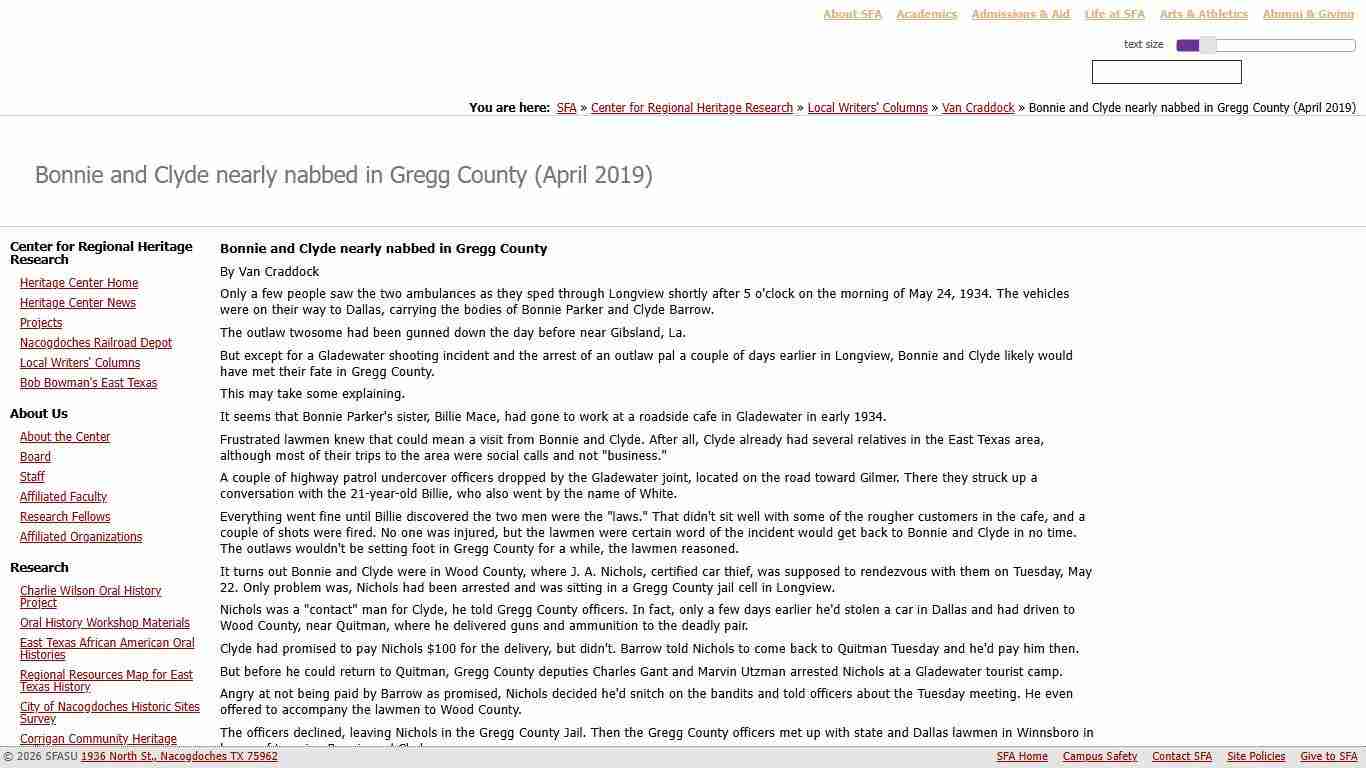 Bonnie and Clyde nearly nabbed in Gregg County (April 2019) Van Craddock Local Writers' Columns Center for Regional Heritage Research SFASU